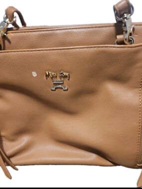 Miss Fang Tan Caramel Faux Leather Crossbody Shoulder Bag Gold Double Zip Purse